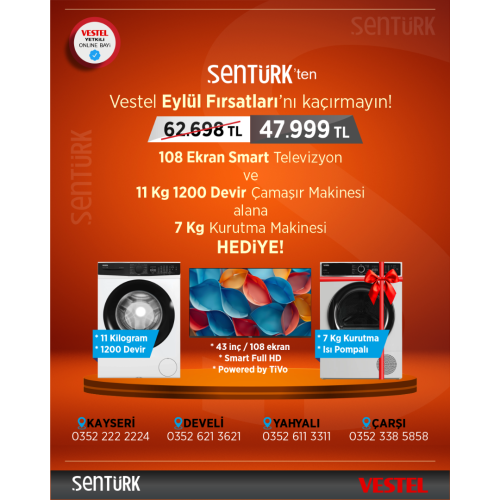 Vestel 2'li Beyaz Eşya Seti (CMIP 118422 Çamaşır + 43FT9751 Smart TV)